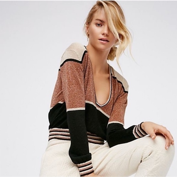 Free People Sweaters - Free People Sweater - Sz Medium - Deep V-Neck - Color Block - Gold Dust